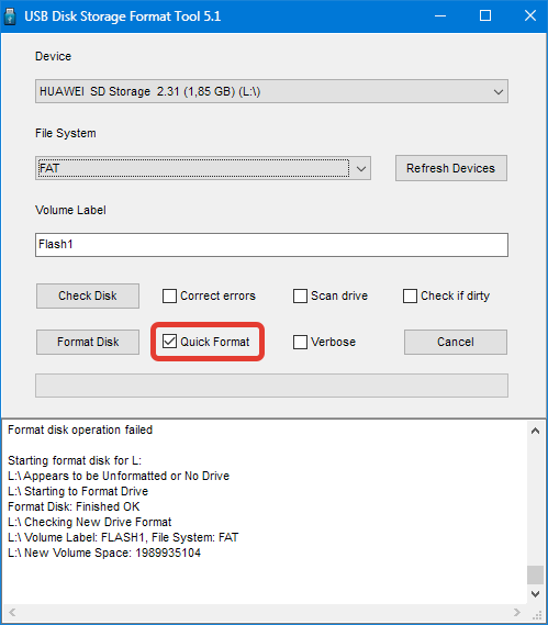 Быстрое форматирование в HP USB Disk Storage Format Tool