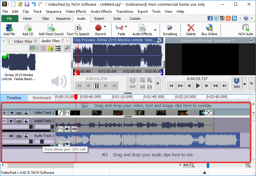Добавление звуковых дорожек в VideoPad Video Editor