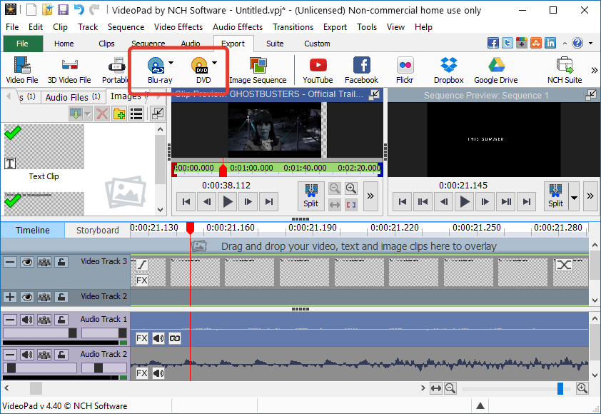 Запись Blue-Ray и DVD-дисков в VideoPad Video Editor