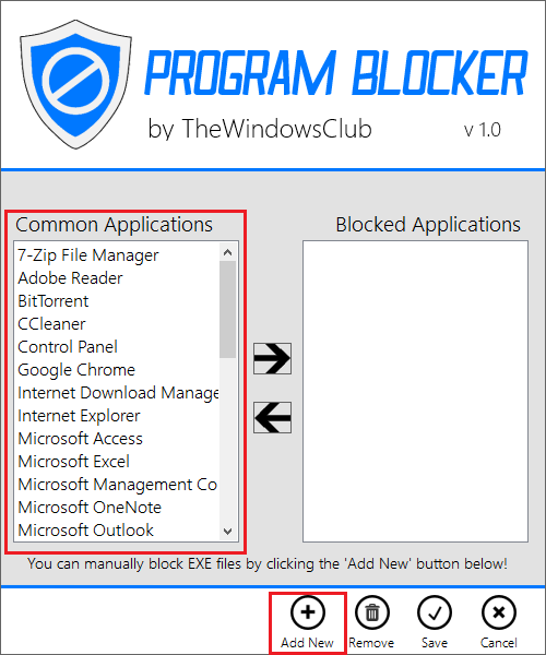 Добавление в список блокированных в Program Blocker