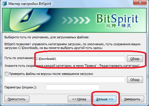 Определение пути загрузки файлов в мастере настройки программы BitSpirit