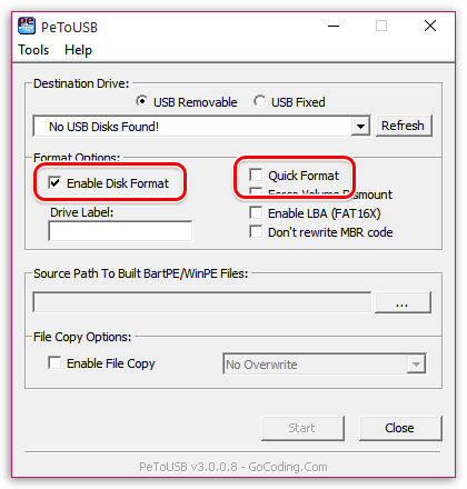 Предварительное форматирование диска в PeToUSB