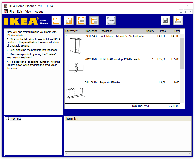 Список товаров в IKEA Home Planner