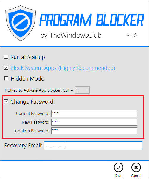 Установка пароля в Program Blocker