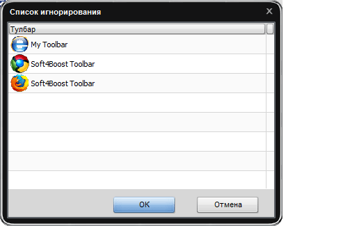 Список игнорирований в программе Toolbar Cleaner