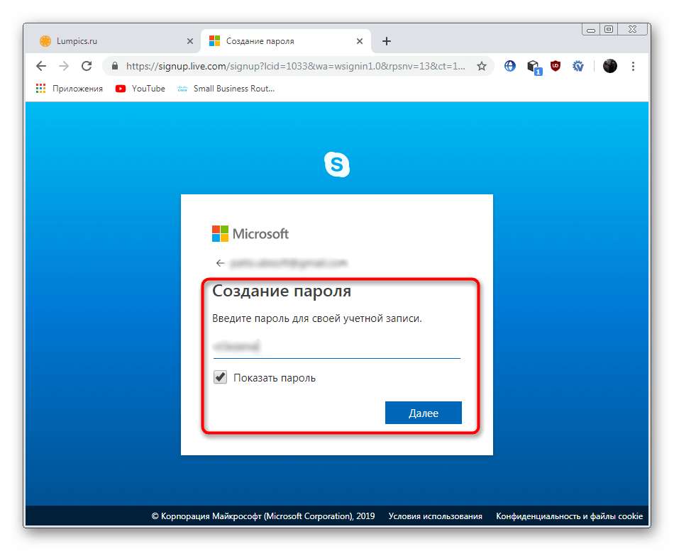 Ввод пароля для регистрации Skype на официальном сайте