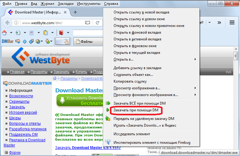 Закачка через контекстное меню браузера в программе Download Master