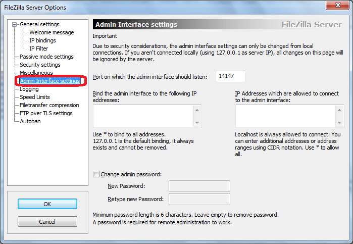 Admin Interface Settings программы FileZilla Server
