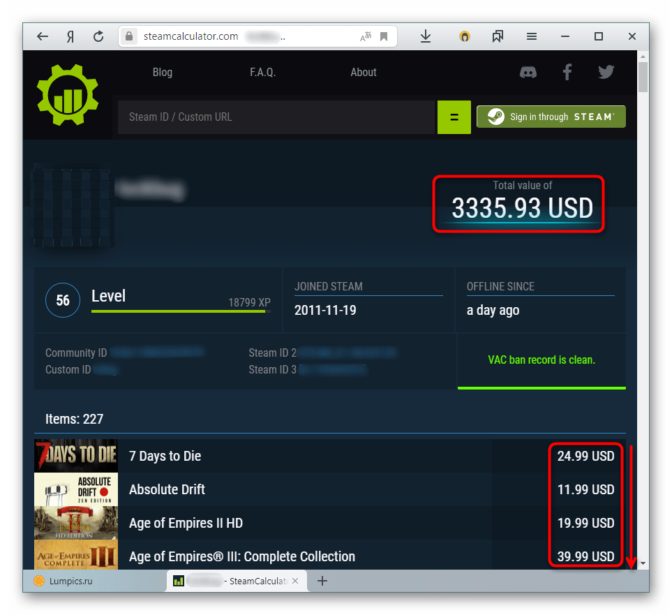 Общая стоимость аккаунта Steam и каждой приобретенной игры на сайте SteamCalculator