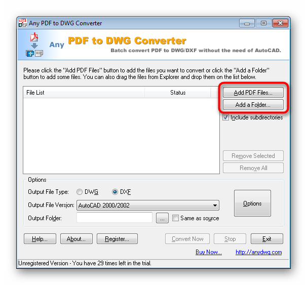 Переход к выбору файлов для конвертирования в Any PDF to DWG Converter