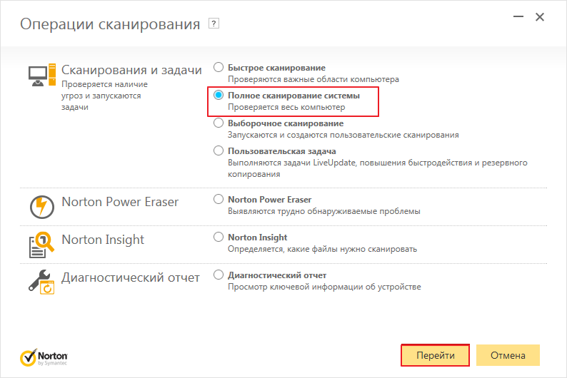 Полное сканирование в программе Norton Internet Security