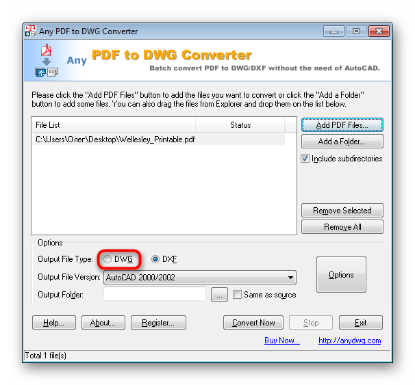 Выбрать формат для конвертирования в Any PDF to DWG Converter