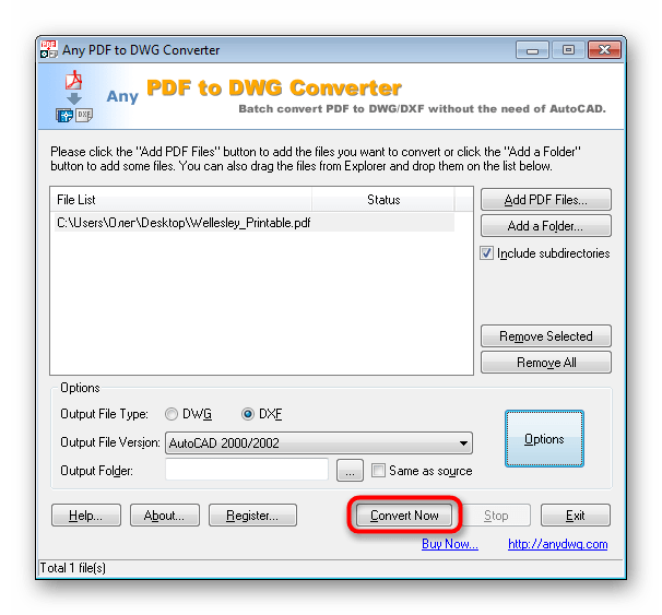 Запуск конвертирования в программе Any PDF to DWG Converter