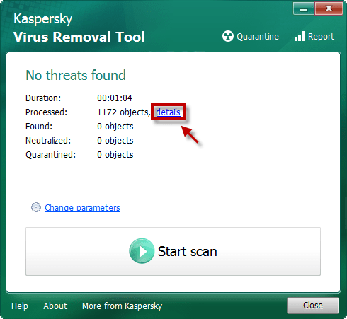 надпись details в Kaspersky Virus Removal Tool