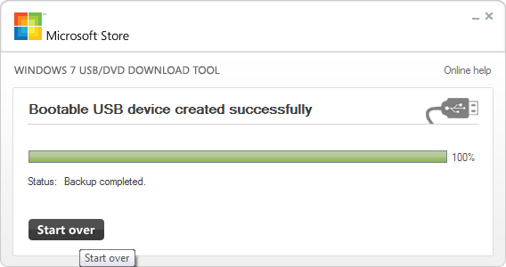 Окончание записи в программе Windows USB_DVD Download Tool