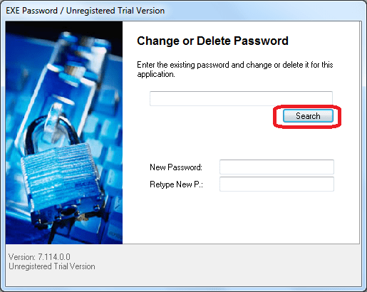 Открытие окна в программе EXE Password  для поиска файла Opera
