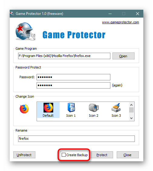 Создание резервной копии исполняемого файла Mozilla Firefox в Game Protector