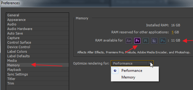 Установки памяти в программе Adobe Premier Pro