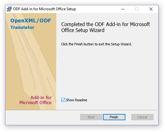 завершение установки ODF Add-in for Microsoft Office Setup