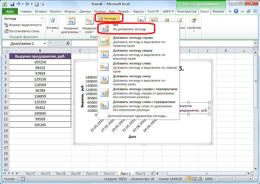 Удаление легенды в Microsoft Excel