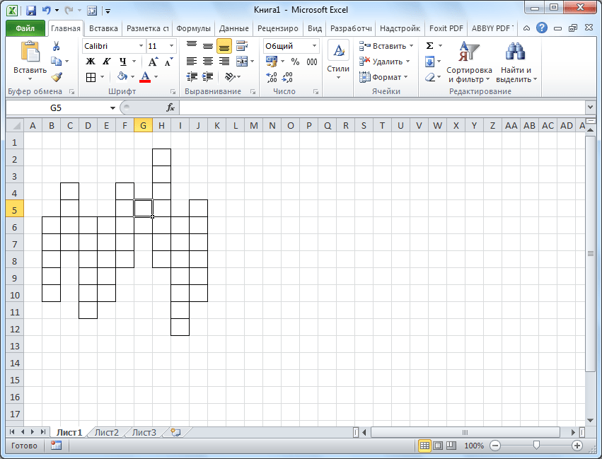 Кроссворд нарисован в Microsoft Excel