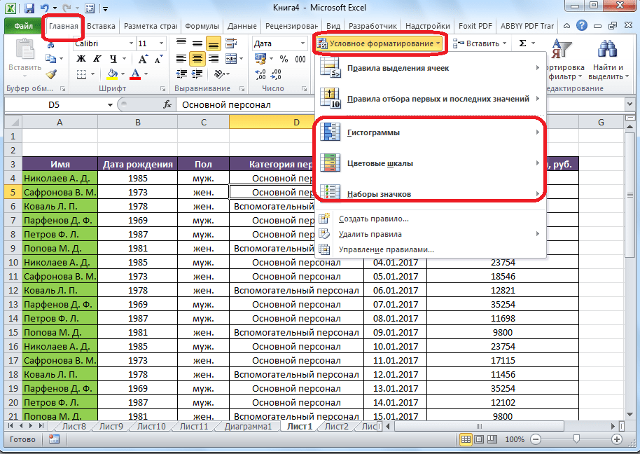 Типы условного форматирования в Microsoft Excel