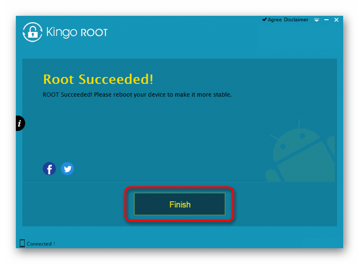Завершение работы программы Kingo Root