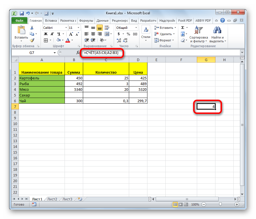 Резултьтат подсчета функции СЧЁТ в Microsoft Excel