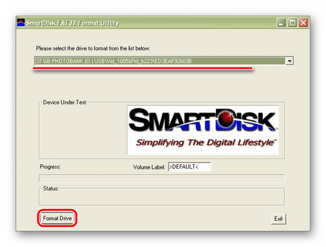 окно SmartDisk FAT32 Format Utility