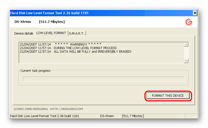 окно форматирования в программе HDD LLF Low Level Format Tool