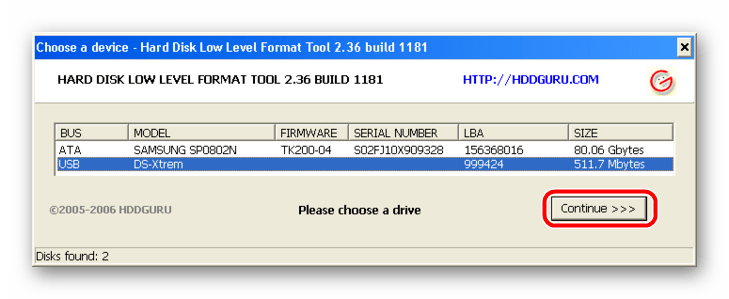 выбор носителя в HDD LLF Low Level Format Tool