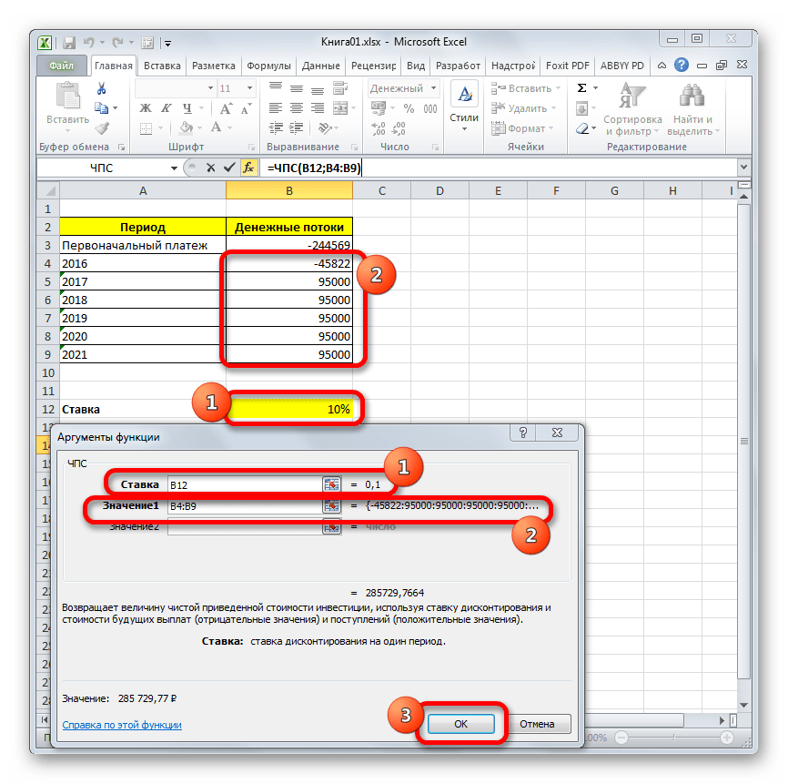 Аргументы функции ЧПС в Microsoft Excel