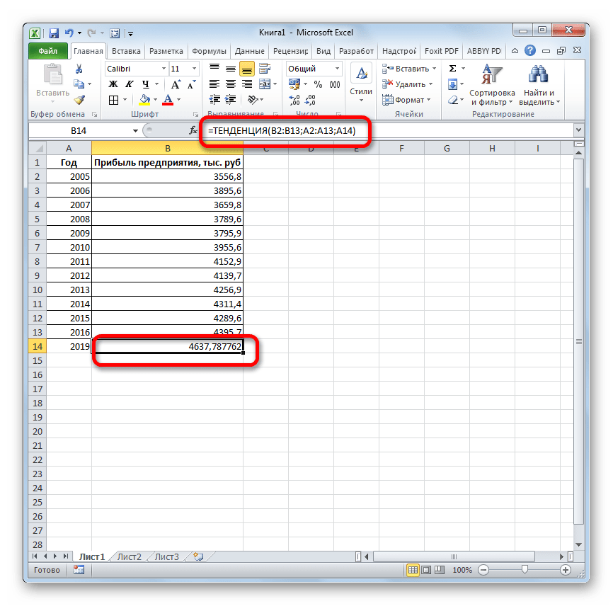 Результат функции ТЕНДЕНЦИЯ в Microsoft Excel