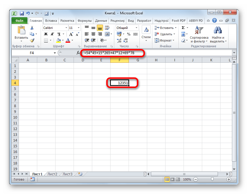 Результат расчета формулы суммы произведений в Microsoft Excel