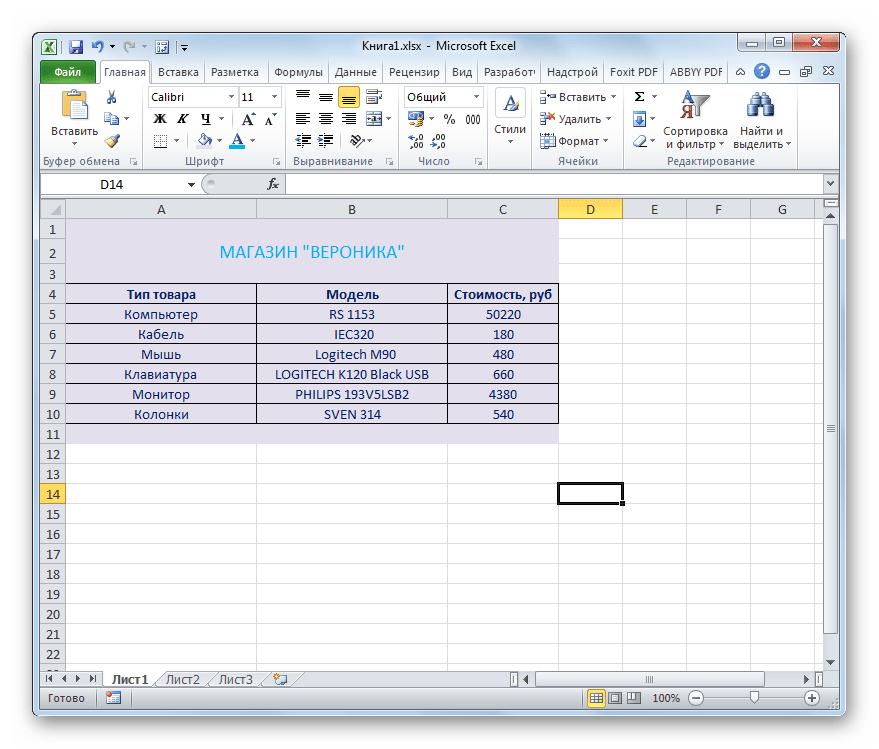 Модель и тип товара разделены в Microsoft Excel