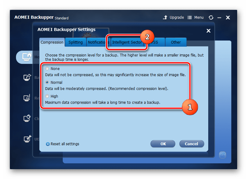 Настройка сжатия резервной копии в AOMEI Backupper на ОС Windows 7