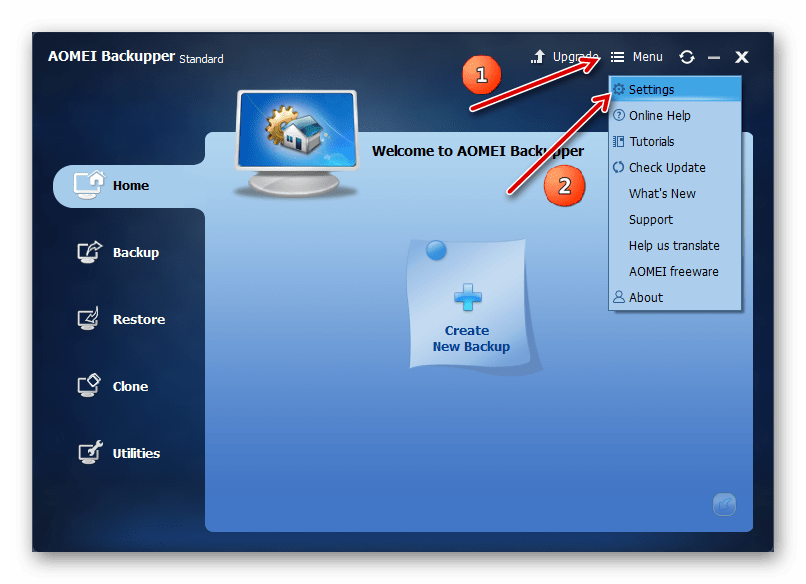 Переход в настройки AOMEI Backupper из главного окна в ОС Windows 7