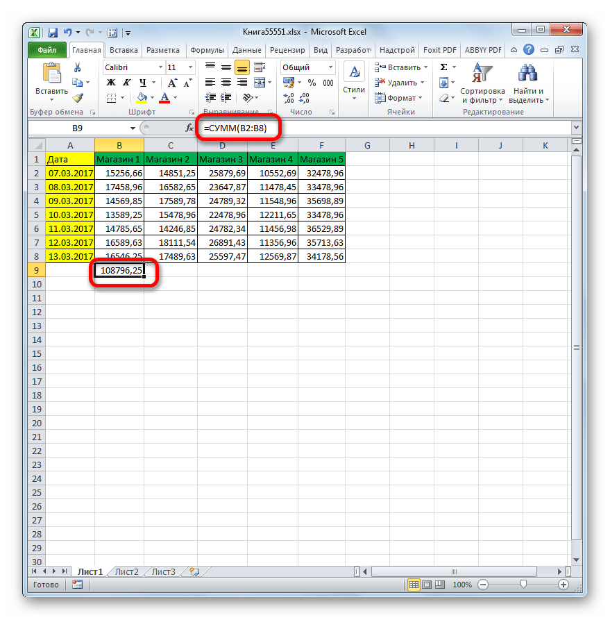 Результат вычисления фнкции СУММ в Microsoft Excel