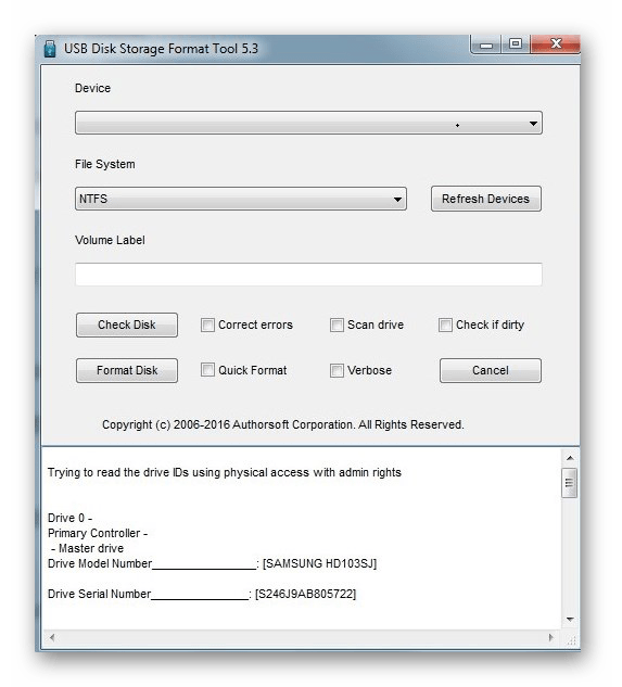 интерфейс HP USB Disk Storage Format Tool