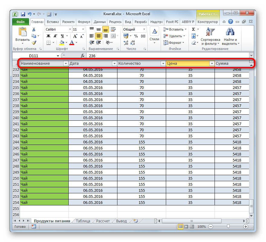 наименования столбцов в Microsoft Excel