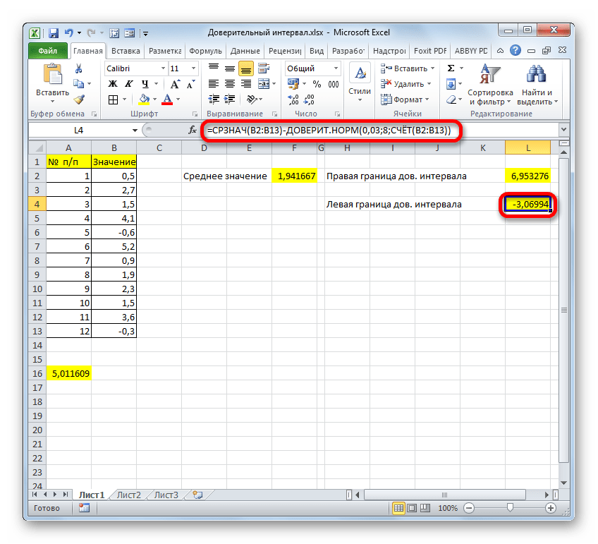 Левая граница доверительного интервала одной формулой в Microsoft Excel