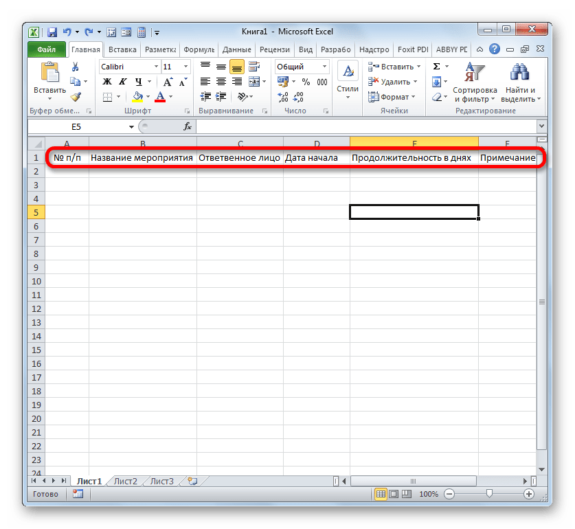 Наименования колонок в шапке таблицы в Microsoft Excel