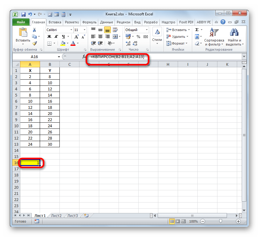 Результат расчета функции КВПИРСОН в Microsoft Excel
