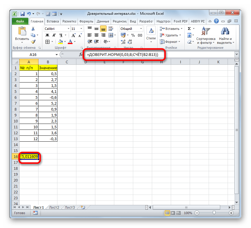 Результат вычисления функции ДОВЕРИТ.НОРМ в Microsoft Excel