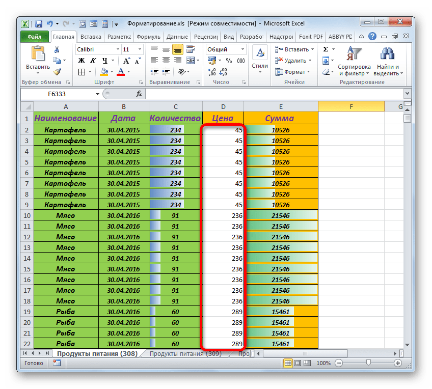 Столбец очищен от форматов в Microsoft Excel