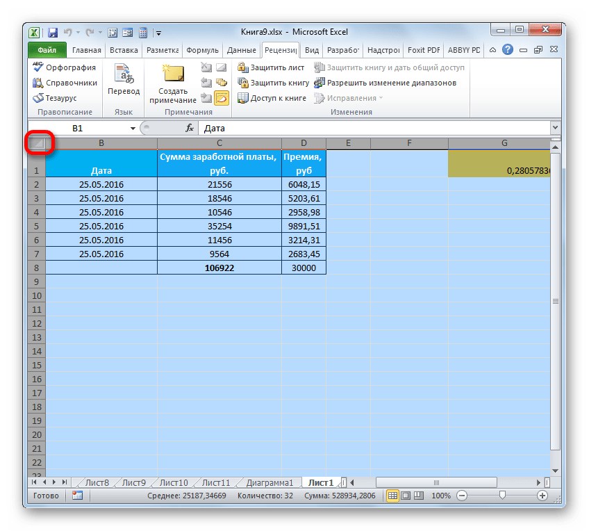 Выделение всех ячеек листа в Microsoft Excel