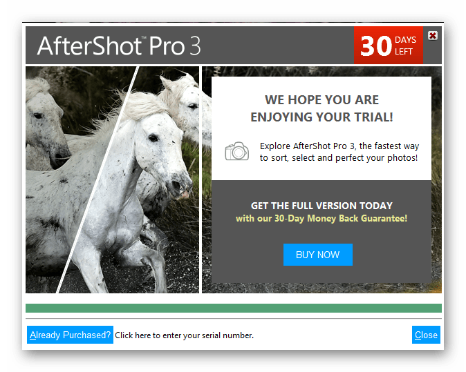 Банер напоминающий о пробной версии Corel AfterShot Pro