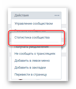 Переход к разделу статистика сообщества через главное меню в группе ВКонтакте
