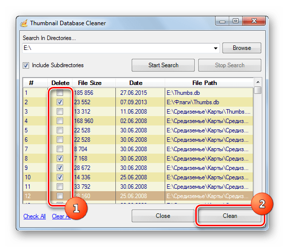 Переход к удалению файловThumbs.db в программе Thumbnail Database Cleaner