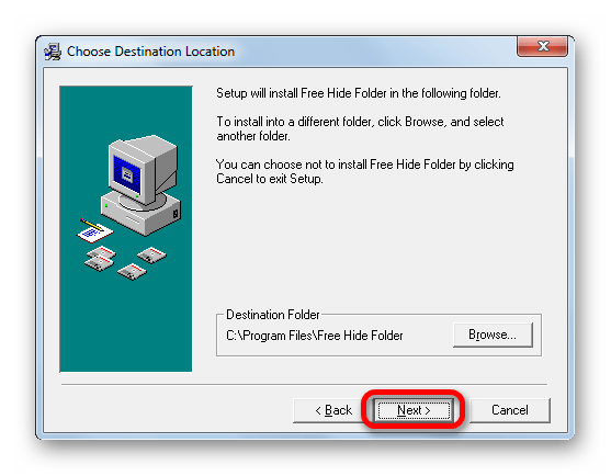 Указание адреса установки программы в окне инсталлятора программы Free Hide Folder
